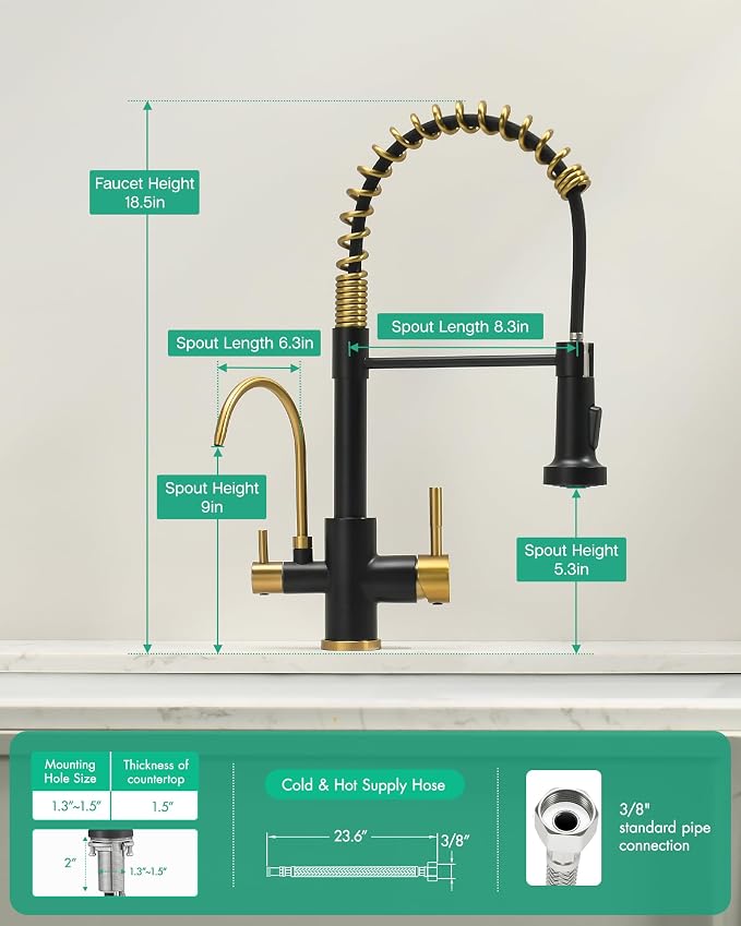 GIMILI 3 in 1 Kitchen Faucet with Pull Down Sprayer Black and Gold Two Handle Kitchen Sink Faucet with Under Sink Water Filter System Reduces PFAS, PFOA/PFOS, Lead, Chlorine, Bad Taste & Odor