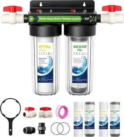 2 Stage Whole House Water Filter System with 3 Sets of Filters, 10"x2.5" | 3/4" Ports, Clear Housing, Highly Reduces Heavy Metal, Chlorine Odor, Taste, Rust, Sediment, 2 Valves, for Well & Tap Water