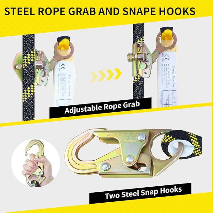 100FT Vertical Lifeline Assembly, Heavy Duty Fall Protection Safety Rope with Rope Grab, Steel Snap Hooks & Shock Absorber, Tree Climbing High-Altitude Safety Line Kit, ANSI CE