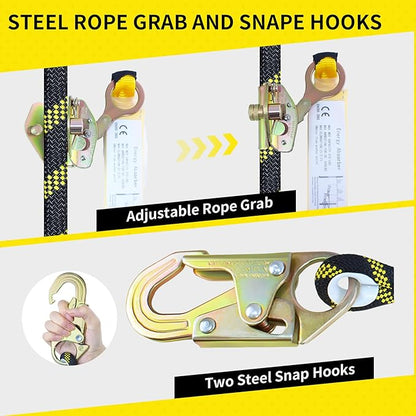 100FT Vertical Lifeline Assembly, Heavy Duty Fall Protection Safety Rope with Rope Grab, Steel Snap Hooks & Shock Absorber, Tree Climbing High-Altitude Safety Line Kit, ANSI CE