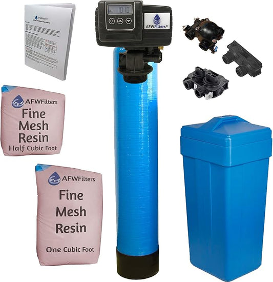 AFWFilters 1.5 Cubic Foot (48k) Whole Home Iron Pro Water Softener with Fine Mesh Resin, 3/4" Plastic MNPT Connection, and Blue Tanks