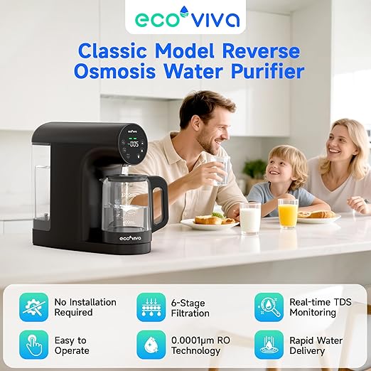 Ecoviva Countertop Reverse Osmosis Water Filter, 6 Stage RO Water Filtration System with 44 oz Glass Carafe, No Installation Water Purifier, 3:1 Pure to Drain, Black