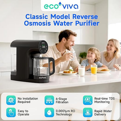 Ecoviva Countertop Reverse Osmosis Water Filter, 6 Stage RO Water Filtration System with 44 oz Glass Carafe, No Installation Water Purifier, 3:1 Pure to Drain, Black