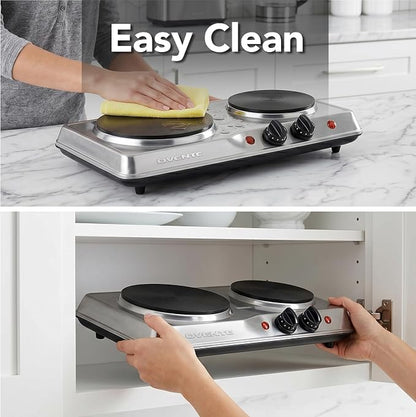 OVENTE Electric Cast Iron Double Burner, 1700W Hot Plate, Silver BGS102S | 7.25" & 6.10" Portable Countertop Cooktop, Stainless Steel, 5 Level Temperature Control, Indicator Light, Easy-to-Clean