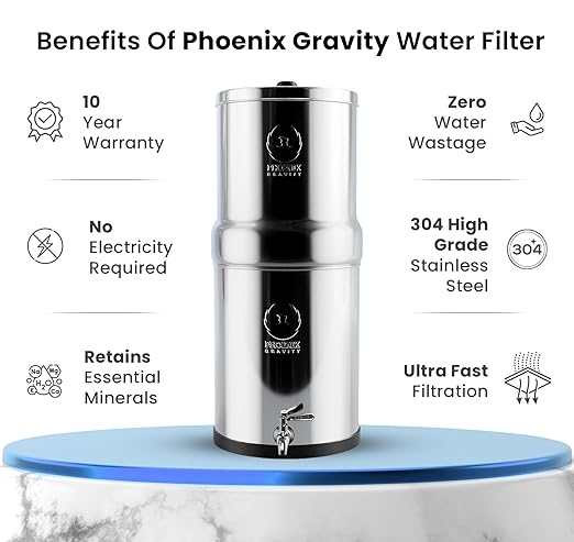 Phoenix Gravity - 4.25 G Gravity Water Filter System AISI 304 Stainless Steel Gravity Fed Water Filter System NSF/ANSI 42 & 372 Certified 2 Carbon Filter Elements & Free Stainless Steel Water Spigot