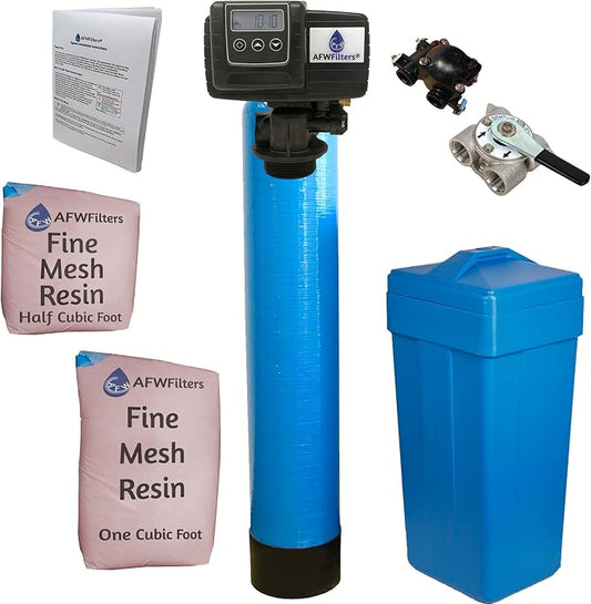 AFWFilters 1.5 Cubic Foot (48k) Whole Home Iron Pro Water Softener with Fine Mesh Resin, 3/4" Stainless Steel FNPT Connection, and Blue Tanks