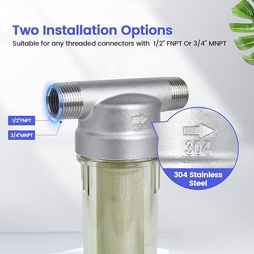 Amwater 304 Stainless Steel 40 Micron Spin Down Water Filter, Whole House Spin Down Sediment Water Filter, Reusable Flushable Pre-Filtration System, 3/4" MNPT + 1/2" FNPT, BPA Free