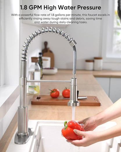 Pull Down Kitchen Faucet with Spring Sprayer, Brushed Nickel — SUS304 Lead-Free Stainless Steel, Single Handle, Fits 1 or 3-Hole Sink with Deck Plate for Farmhouse, RV, Bar, Laundry Room