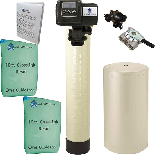 AFWFilters 2 cubic Foot (64k) Whole Home Water Softener with Durable 10% Crosslink Resin, 3/4" Stainless Steel FNPT Connection, and Almond Tanks
