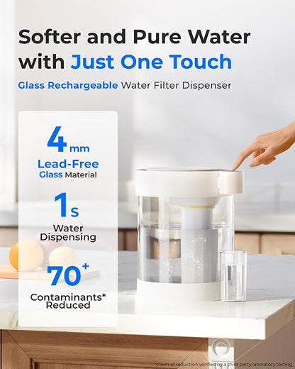 Waterdrop ED12W Glass Rechargeable Water Filter Dispenser, Large 22-Cup, Reduce 70+ Contaminants, Instant Eco-Friendly Countertop Water Filter System, 5-Stage Soften Water Pitcher, with 1 Filter