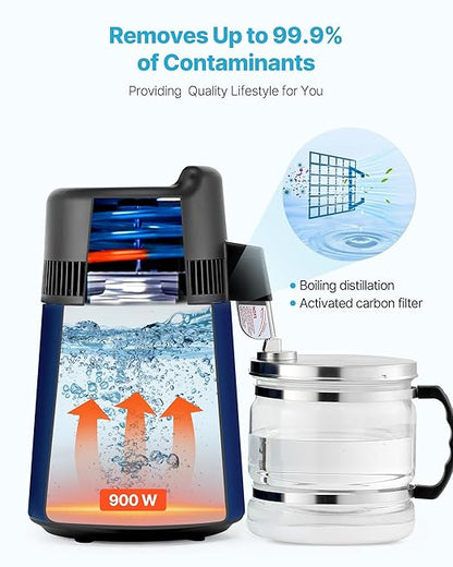 VEVOR Water Distiller, 6L/1.6 Gal Distilled Water Maker Countertop, 900W Distilling Machine with Glass Carafe, 0–99H Timer, Time & Temp Display, 2-Layer 304 Stainless Steel Distill for Home, Navy