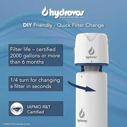 HYDROVOS Standard Under Sink Replacement Water Filter, IAPMO Certified Reduces Microplastics, Cysts, Sediment, Chlorine, Improves Taste & Odor, 2 GPM Fast Flow, Fits DWSP/DWSS Water Filter Systems