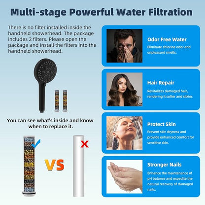 Hibbent All Metal 12'' Dual Filtered Rainfall Shower Head Combo, High Pressure Handheld Shower Head with 12'' Adjustable Curved Extension Arm, 20 Stage Shower Filter, 10-spray, 71'' Hose, Matte Black