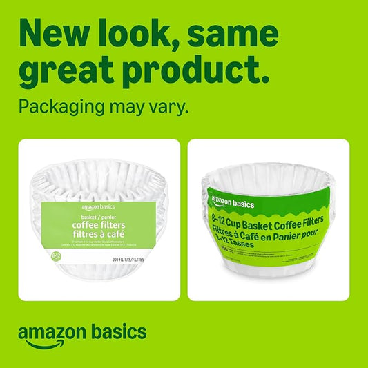 Amazon Basics Basket Coffee Filters for 8-12 Cup Coffee Makers, White, 200 Count, Packaging May Vary