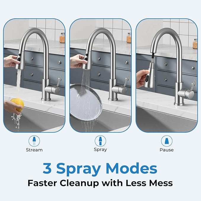 Kitchen Faucet with Pull Down Sprayer, VFAUOSIT Lead-Free Kitchen Sink Faucet Brushed Nickel Stainless Steel High Arc Pull Out Single Hole Kitchen Faucets for Pot Filler, Farmhouse RV Bar Laundry Room