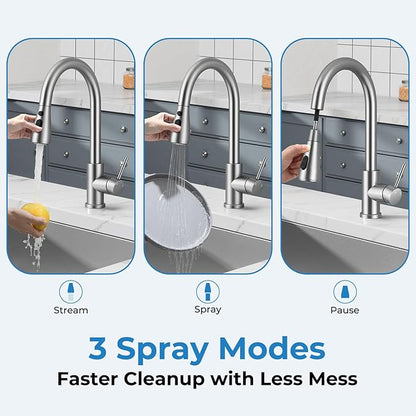 Kitchen Faucet with Pull Down Sprayer, VFAUOSIT Lead-Free Kitchen Sink Faucet Brushed Nickel Stainless Steel High Arc Pull Out Single Hole Kitchen Faucets for Pot Filler, Farmhouse RV Bar Laundry Room
