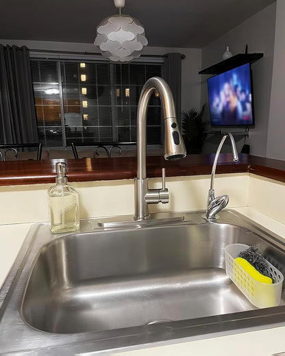 Hiqufet Kitchen Sink Faucet with Pull Down Sprayer with Deck Plate, Brushed Nickel High ArcFaucet, Stainless Steel Modern RV Bar Sink Faucets for Pot Filler, Farmhouse Camper Bar Laundry Room
