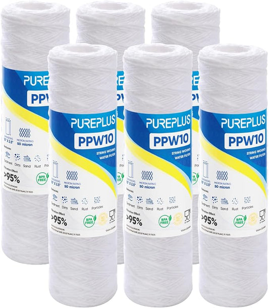 PUREPLUS 50 Micron 10"x2.5" Whole House String Wound Sediment Filter for Well Water, Replacement Cartridge for Universal 10 inch RO System, WP-5, AP110, CFS110, Culligan P5, WFPFC4002, 6Pack