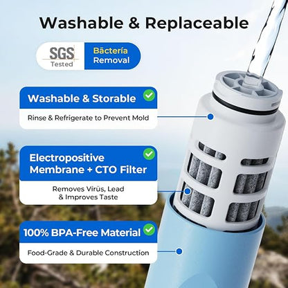 iSpring IFS-B Water Filter Straw, Washable & Reusable Filter Element, Electro-Adsorption&Carbon Block, Removes Microorganisms & Lead, SGS-Tested Portable Purifier for Camping, Hiking & Emergency