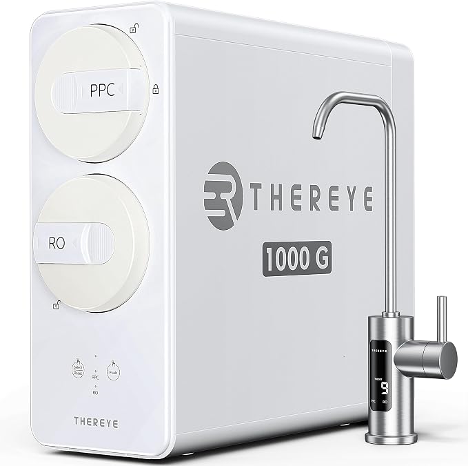 Thereye 8 Stage Reverse Osmosis System, 1000 GPD Tankless Reverse Osmosis Water Filter, Under Sink RO Water Filtration System, Reduce PFAS & TDS, Smart LED Faucet, 2:1 Pure to Drain, White