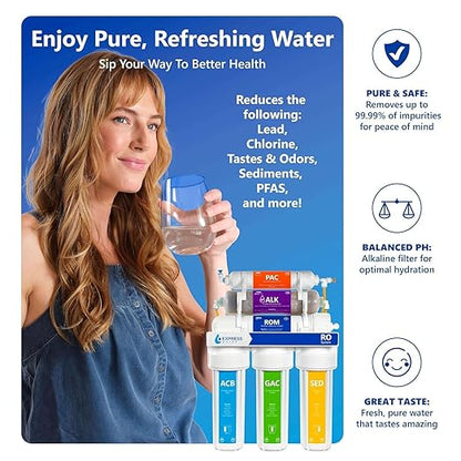 Express Water 10 Stage Reverse Osmosis Alkaline Water Filtration System with Alkaline Filter for Added Essential Minerals – RO Water Filter with Faucet and Tank – Under Sink Water Filter 50 GPD