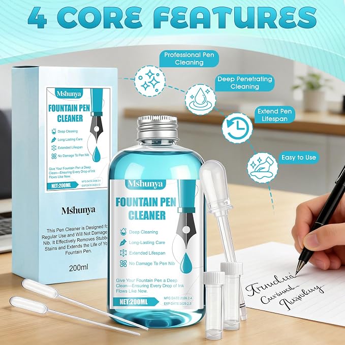 Fountain Pen Cleaner, Highly Efficient Rinsing, Long-Lasting Care, 6.67 Oz | Fountain Pen Cleaning Kit, Includes Complete Set of Tools, Won't Damage the Nib, Extends the Lifespan of Your Fountain Pen