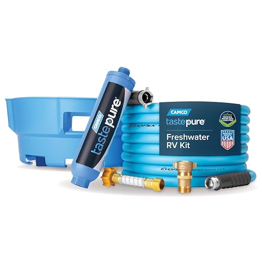 Camco Tastepure RV Freshwater Kit - Includes Tastepure RV Water Filter, Flexible Hose Protector, EvoFlex 25' Drinking Water Hose, Brass RV Water Pressure Regulator & Carrying Basket (20160)