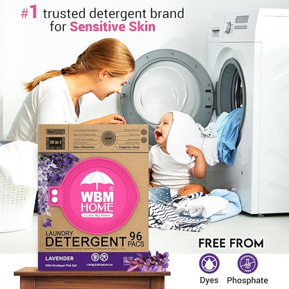 WBM 10-in-1 Laundry Pods with Softener & Scent Booster, 96 Count, High Efficiency (HE), Fabric Softener, Lavender Extracts, Stain Lifter, Eco-Friendly, Gentle, Fresh