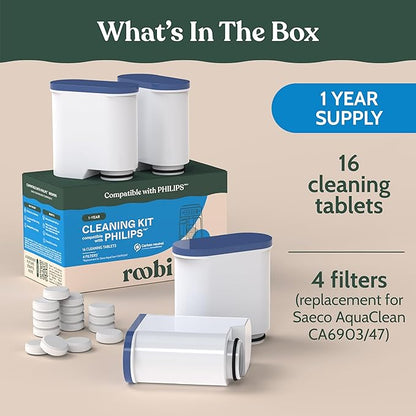 Roobi Cleaning Tablets & Filters Compatible with Philips Saeco. Includes 16 Espresso Cleaning Tablets & 4 Water Filters. Carbon Neutral Philips Cleaner Kit. 1 Year Supply.