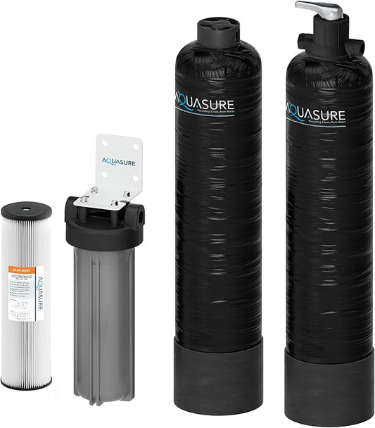 Aquasure Serene Lite 800K Gallons Whole House Salt-Free Water Conditioner/Descaler Bundle with Pleated Sediment Filter and GAC/KDF55 Treatment System for 1-3 Bathrooms | Removes 99% of Contaminants