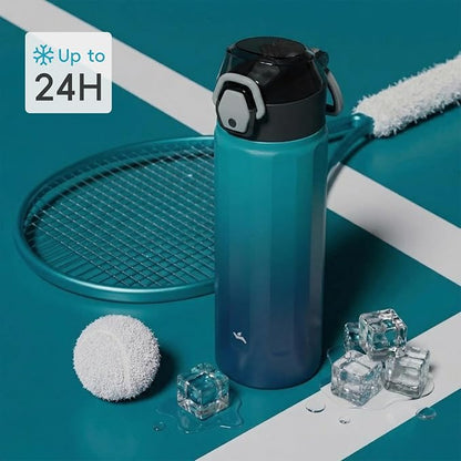 Konokyo FLOWPLAY 25oz Locking Push-Button Water Bottle with Silicone Spout,Leak-Proof,18/8 Stainless Steel Double-Wall Vacuum Insulated for Sports and Travel,BPA-Free,Sea