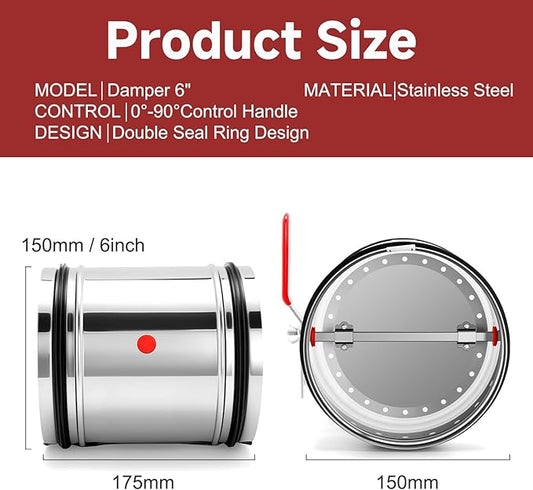 6 Inch HVAC Duct Manual Volume Backdraft Damper,Stainless Steel Airflow Control Valve With Adjustment Handle,Duct Damper for HVAC Ventilation System (6inch)