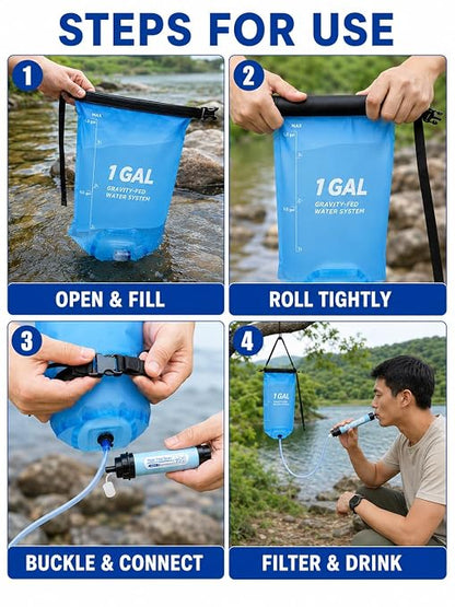 Gravity Water Filter System, TPU Water Purifier Bag, 0.01 Micron Ultrafiltration, 4000L Lifespan, BPA-Free Portable Water Filtration for Camping, Backpacking, Survival Gear (1 Gallon)