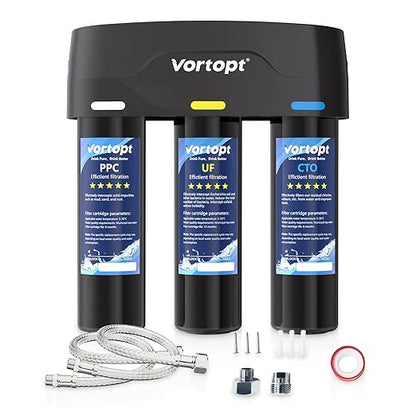 Vortopt F03 Under-Sink & Countertop Filtration,3 Stage Water Filter System with 0.01 Micron UF Membrane,Reduces Chlorine,Sediment,Odor,Retains Minerals,High Flow & Easy Install,NOT for TDS Reduction.