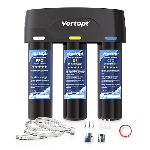 Vortopt F03 Under-Sink & Countertop Filtration,3 Stage Water Filter System with 0.01 Micron UF Membrane,Reduces Chlorine,Sediment,Odor,Retains Minerals,High Flow & Easy Install,NOT for TDS Reduction.