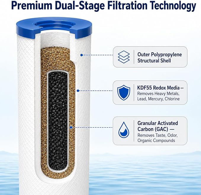 APEC Water FI-KDF55-10BB GAC Carbon Water Filter Whole House Replacement Cartridge; Heavy Metals, Chlorine & Bacteria Reduction, 4.5" x 10"