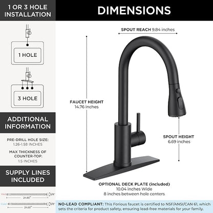 FORIOUS Black Touch Kitchen Faucet with Pull Down Sprayer, Touch Activated | High Arc Kitchen Sink Faucet with Deck Plate, Stainless Steel, Single Hole, Single Handle, Fit for RV Bar Farmhouse Laundry