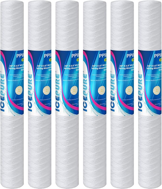 ICEPURE 5 Micron 2.5" x 20" Whole House String Wound Polypropylene Sediment Filter for Well Water, Replacement Cartridge for Aqua Pure AP110-2C, P1-20/SP-P1-20/PX01-20, FPMB5-20, WPP-F20-5, 6Pack