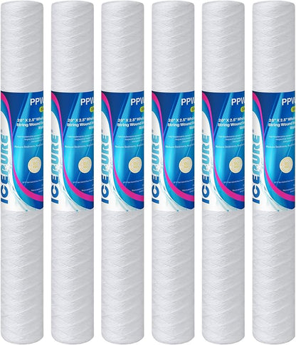 ICEPURE 5 Micron 2.5" x 20" Whole House String Wound Polypropylene Sediment Filter for Well Water, Replacement Cartridge for Aqua Pure AP110-2C, P1-20/SP-P1-20/PX01-20, FPMB5-20, WPP-F20-5, 6Pack