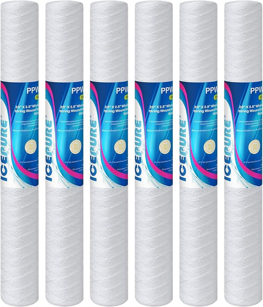 ICEPURE 5 Micron 2.5" x 20" Whole House String Wound Polypropylene Sediment Filter for Well Water, Replacement Cartridge for Aqua Pure AP110-2C, P1-20/SP-P1-20/PX01-20, FPMB5-20, WPP-F20-5, 6Pack