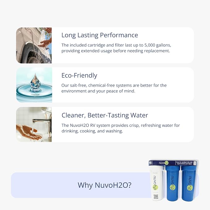 NuvoH2O RV Replacement Cartridge – Sediment + Iron Filter – Salt-Free Water Softener for RVs – Reduces Scale, Iron, Heavy Metals, and Sediment – Improves Taste & Odor – Compact, Eco-Friendly Cartridge