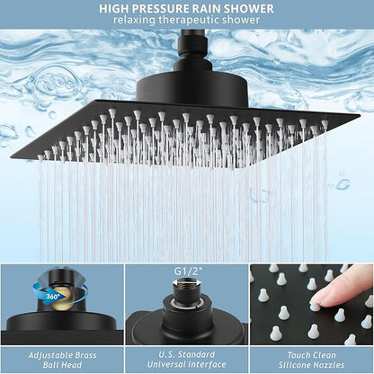 Large Rain Shower Head with Filtered - 12" All Metal Square Rainfall Showerhead Filter for Remove Chlorine and Harmful Substances, Matte Black