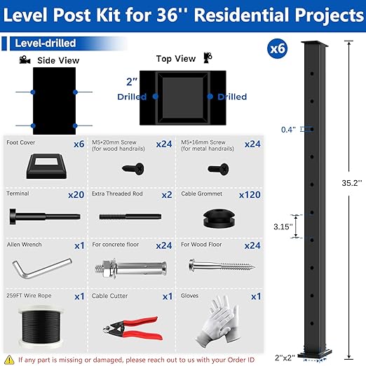 36" Modular 20-24FT Black T304 Cable Railing Post Kit, Complete Cable Railing System with 6 Level Posts & 259ft 1/8" Wire Rope(No Handrail), Adjustable Length Easy DIY for Decks/Porch