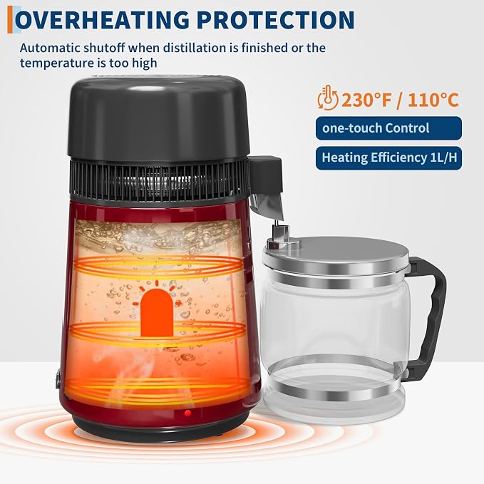 GarveeHome Water Distillers for Home Countertop, 1 gal/4 L Stainless Steel Distilled Water Machine with Glass Container, 750W Desktop Drinking Purifier Filter Distilling Kit, Red