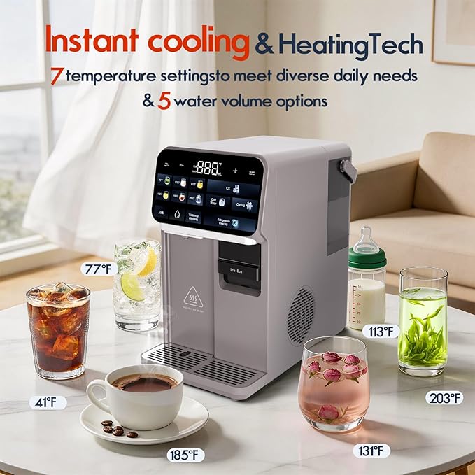 Ice Maker Water Filter Dispenser, 3 in1 Countertop Instant Hot & Cold Water, Ice Water Dispenser with ice Box, 7 Temperature & 5 Dispensing Volume Options Portable No Installation.