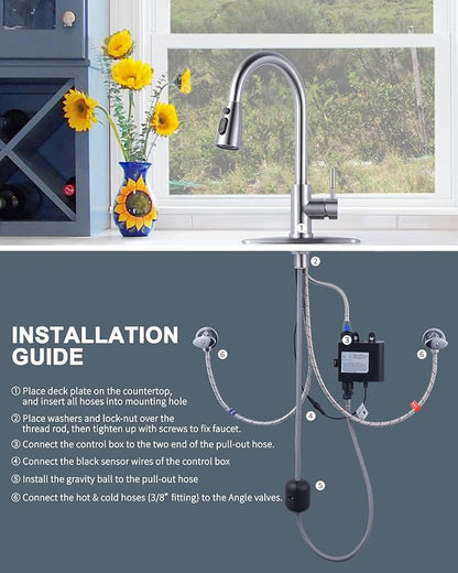Touchless Kitchen Faucet Stainless Steel: WOWOW Smart Motion Sensor Kitchen Sink Faucet with Sprayer, Stainless Steel Kitchen Faucet for Sink 1 or 3 Hole Brushed Nickel Single Handle Kitchen Tap