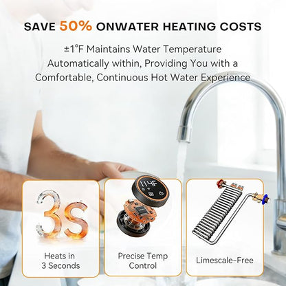 Tankless Water Heater Electric 9kW, 240 Volt On Demand Instant Hot Water Heater, Within 1℉ Stable Temp, Up to 2.2 GPM, WiFi Control, ETL Certified, Eco, WM09