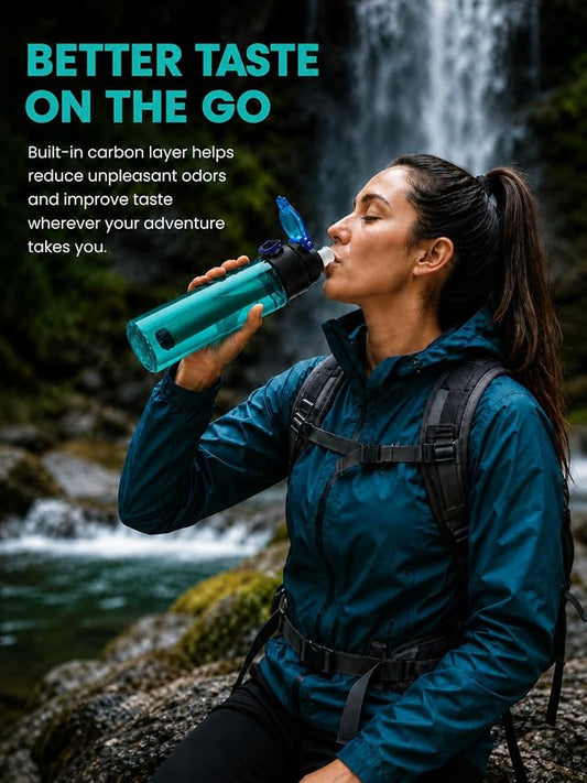22oz Water Filter Bottle, Portable Outdoor Filtered Water Bottle with Multi-Layer Filtration, Improves Taste & Reduces Odor, BPA-Free Reusable Bottle for Hiking, Camping & Travel (Cyan)