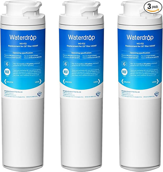 Waterdrop MSWF Refrigerator Water Filter, Replacement for GE® MSWF, 101820A, 101821B, RWF1500A, NSF 42&372 Certified, Pack of 3