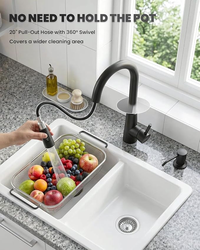APPASO Black Touchless Kitchen Faucet Motion Sensor with Pull Down Sprayer | Lead-Free Single Handle Sink Faucet with Soap Dispenser & cUPC-Certified Hoses for Farmhouse Laundry Rv 1 to 4 Hole Sinks